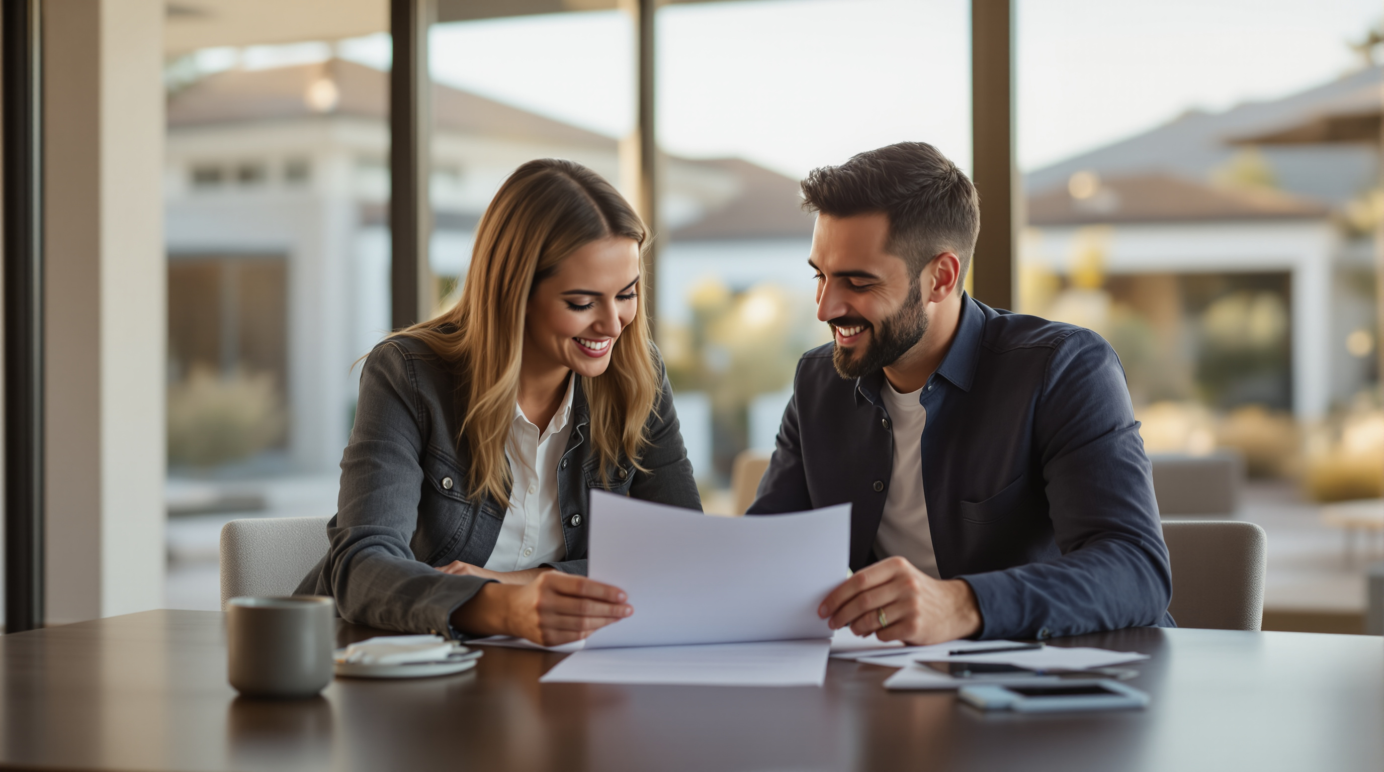 Reviewing real estate purchase documents in a luxury desert home
