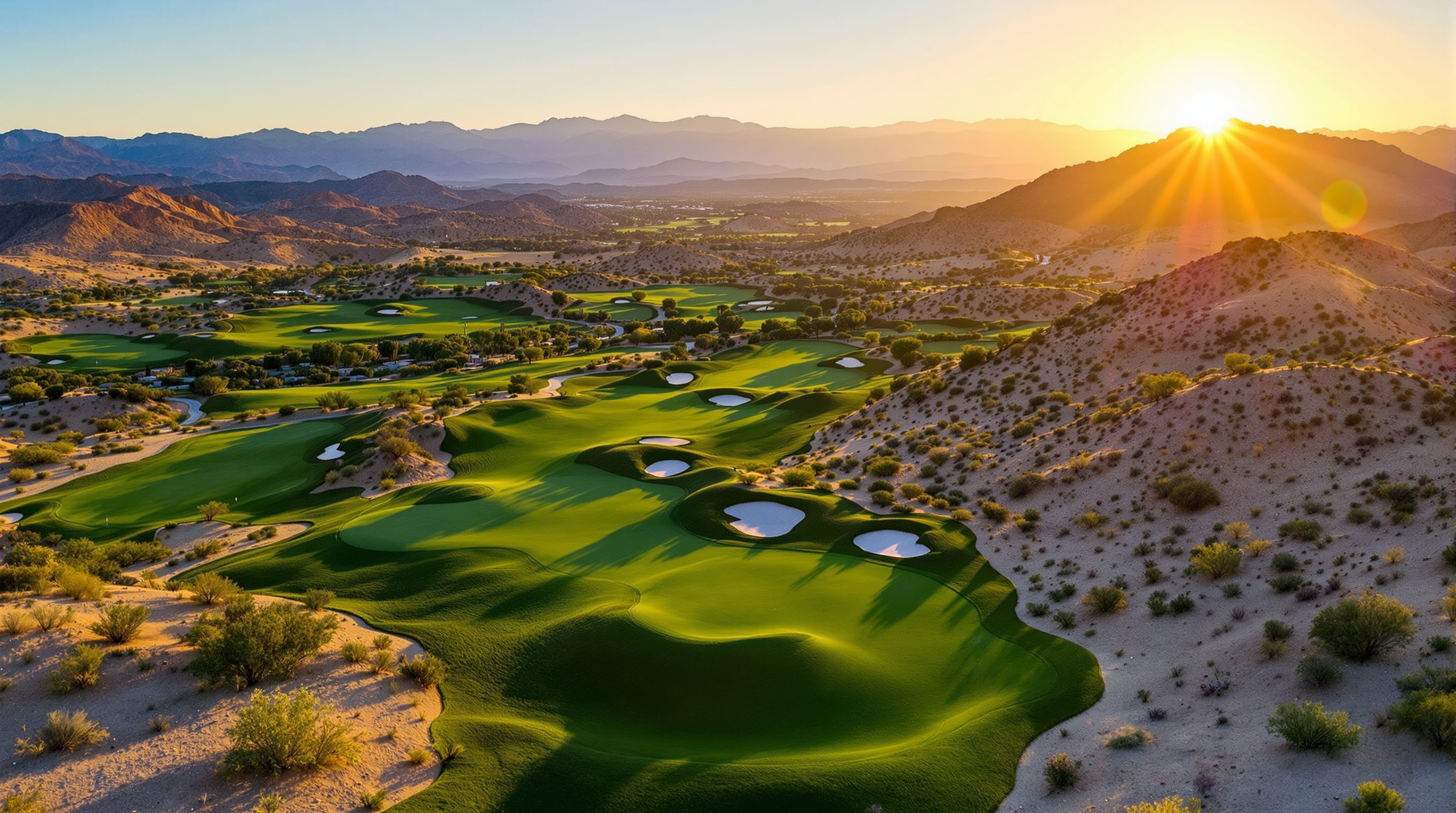 Championship desert golf course at sunrise with mountain backdrop