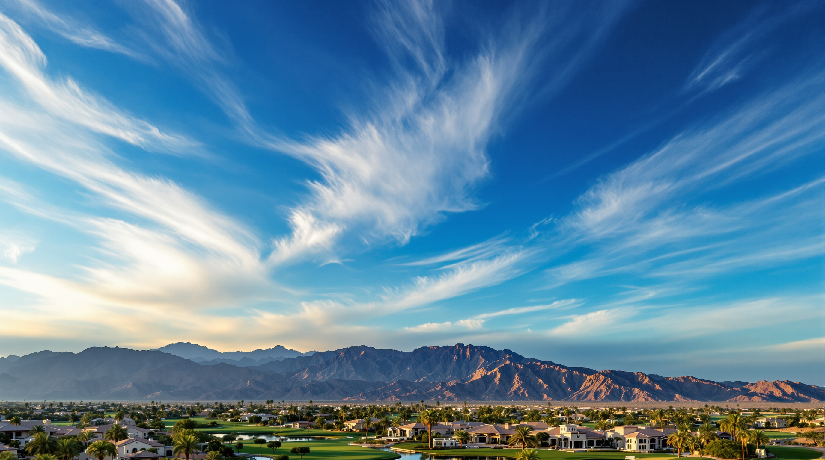 Aerial view of Palm Desert luxury golf course community with mountain backdrop
