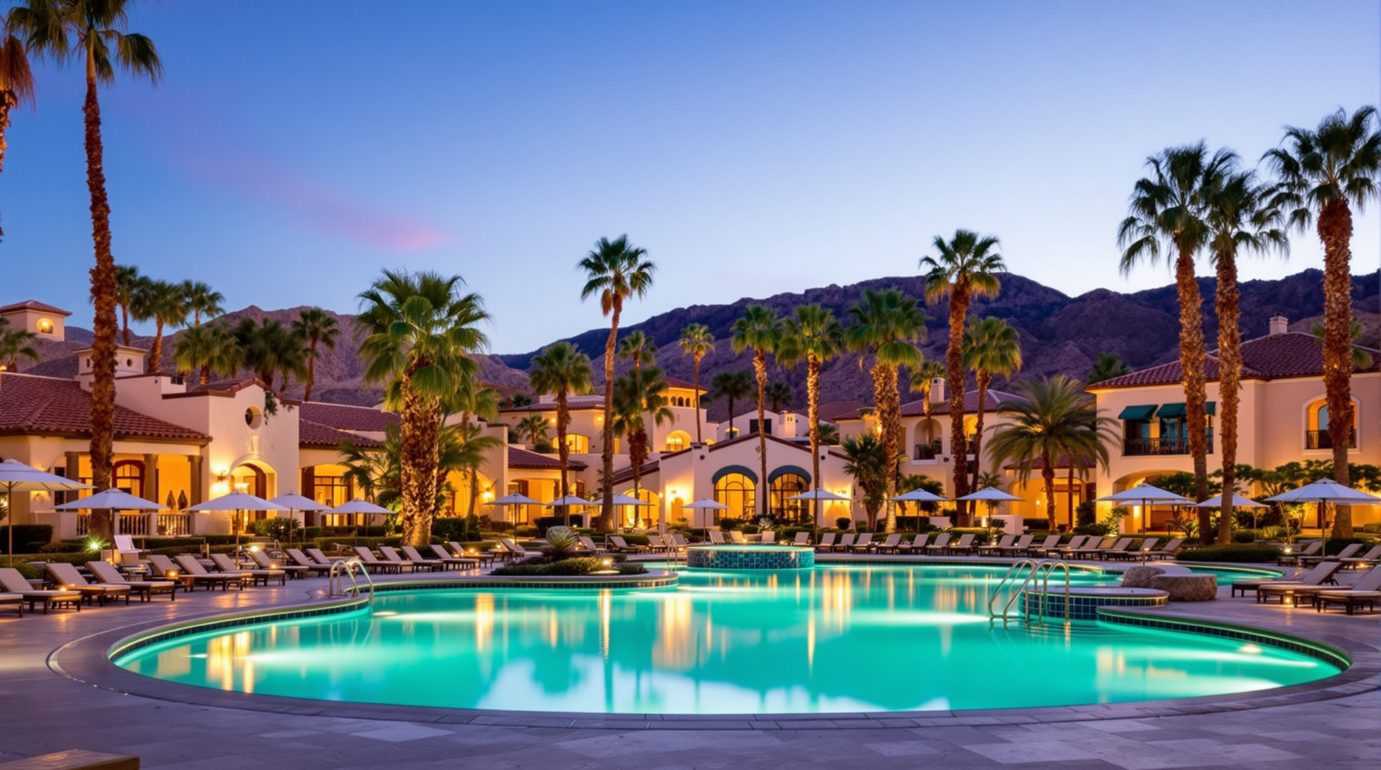 Luxury desert resort pool at twilight in the California desert