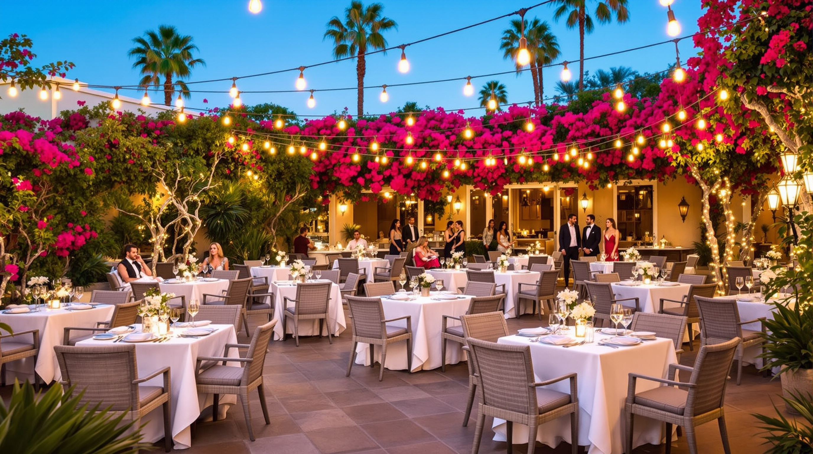 Elegant outdoor dining patio in Palm Desert with desert garden setting